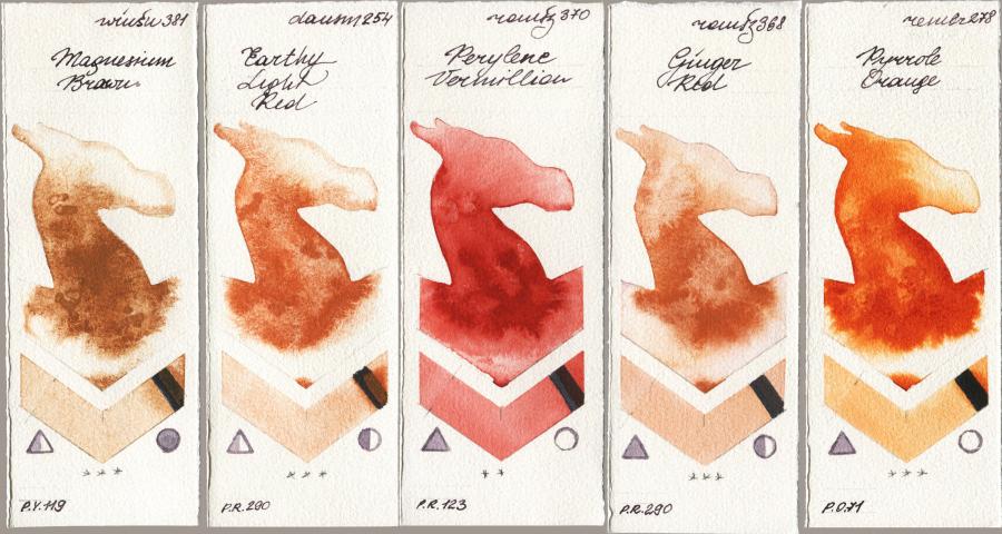Winsor & Newton Professional 381 Magnesuim Brown vs Daniel Smith 254 Earthy Light Red vs Roman Szmal Aquarius 370 Perylene Vermillion vs 368 Genger Red vs Royal Talens Rembrandt Watercolour 278 Pyrrole Orange watercolor swatch