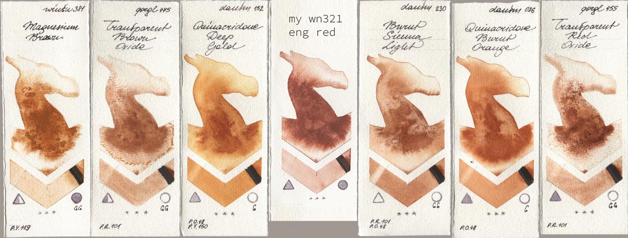 Winsor & Newton Professional 381 Magnesuim Brown, Golden QOR 475 Transparent Brown Oxide, Daniel Smith 152 Quinacridone Deep Gold, my 034 eng red, 230 Burnt Sienna Light, 086 Quinacridone Burnt Orange, 455 Transparent Red Oxi watercolor swatch