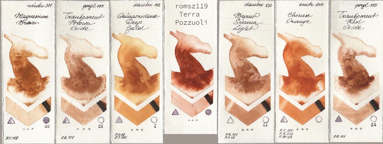 Winsor & Newton Professional 381 Magnesuim Brown, Golden QOR 475 Transparent Brown Oxide, Daniel Smith 152 Quinacridone Deep Gold, my 119 pozzuoli, 230 Burnt Sienna Light, Sennelier l Aquarelle 645 Chinese Orange, 455 Transparent Red Oxi watercolor swatch