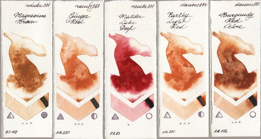 Winsor & Newton Professional 381 Magnesuim Brown vs Roman Szmal Aquarius 368 Genger Red vs Royal Talens Rembrandt Watercolour 331 Madder Lake Deep vs Daniel Smith 254 Earthy Light Red vs 151 Burgundy Red Ochre watercolor swatch