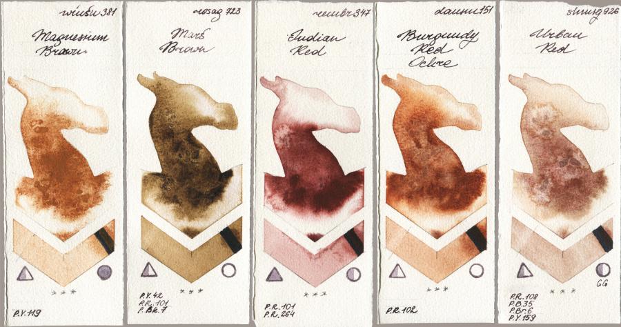 Winsor & Newton Professional 381 Magnesuim Brown vs Rosa Gallery 723 Mars Brown vs Royal Talens Rembrandt Watercolour 347 Indian Red vs Daniel Smith 151 Burgundy Red Ochre vs Shminke Horadam Aquarell 926 Urban Red watercolor swatch