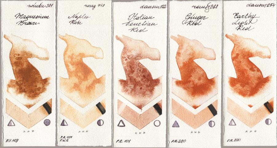 Winsor & Newton Professional 381 Magnesuim Brown vs Rosa Gallery 748 Naples Rose vs Daniel Smith 122 Italian Venetian Red vs Roman Szmal Aquarius 368 Genger Red vs 254 Earthy Light Red watercolor swatch