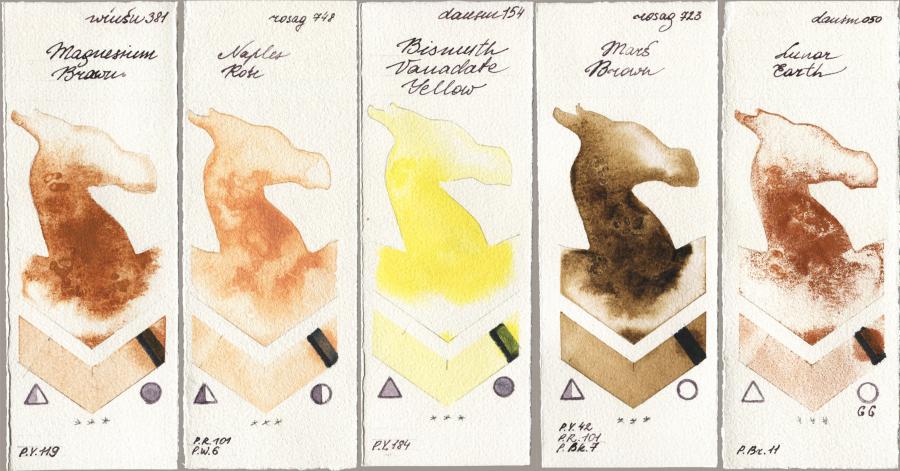 Winsor & Newton Professional 381 Magnesuim Brown vs Rosa Gallery 748 Naples Rose vs Daniel Smith 154 Bismuth Vanadate Yellow vs 723 Mars Brown vs 050 Lunar Earth watercolor swatch