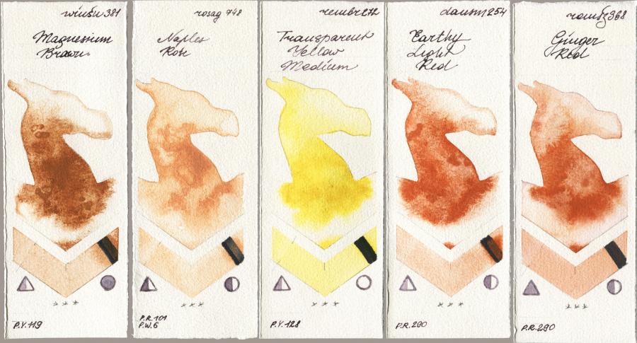 Winsor & Newton Professional 381 Magnesuim Brown vs Rosa Gallery 748 Naples Rose vs Royal Talens Rembrandt Watercolour 272 Transparent Yellow Medium vs Daniel Smith 254 Earthy Light Red vs Roman Szmal Aquarius 368 Genger Red watercolor swatch
