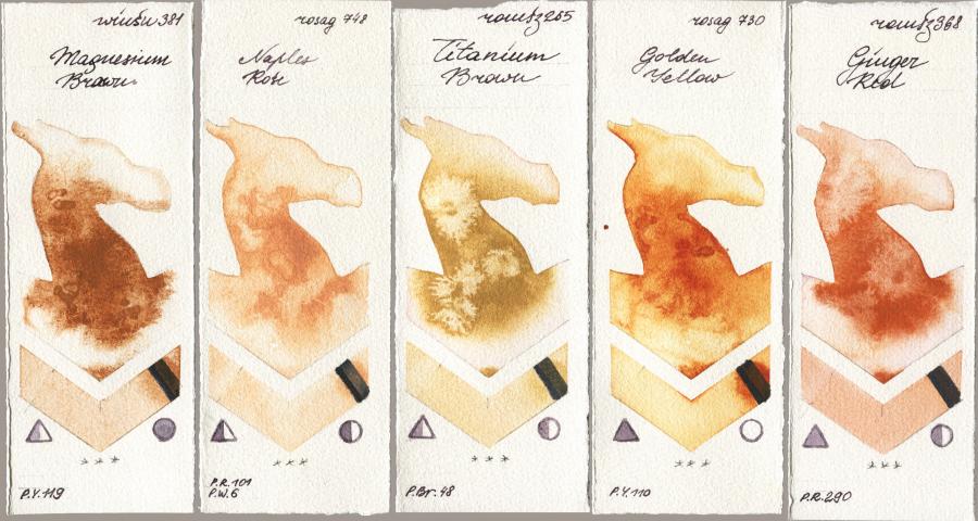 Winsor & Newton Professional 381 Magnesuim Brown vs Rosa Gallery 748 Naples Rose vs Roman Szmal Aquarius 265 Titanium Brown vs 730 Golden Yellow vs 368 Genger Red watercolor swatch