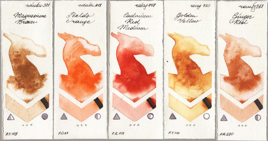 Winsor & Newton Professional 381 Magnesuim Brown vs 418 Fields Orange vs Rosa Gallery 707 Cadmium Red Medium vs 730 Golden Yellow vs Roman Szmal Aquarius 368 Genger Red watercolor swatch