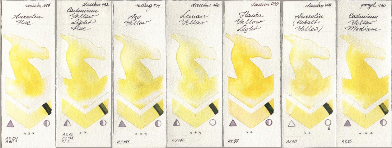 Winsor & Newton Professional 417 Aureolin Hue, Daniel Smith 192 Cadmium Yellow Light Hue, Rosa Gallery 771 Azo Yellow, 165 Lemon Yellow, 039 Hansa Yellow Light, 006 Aureolin (Cobalt Yellow), Golden QOR 130 Cadmium Yellow Medi watercolor swatch