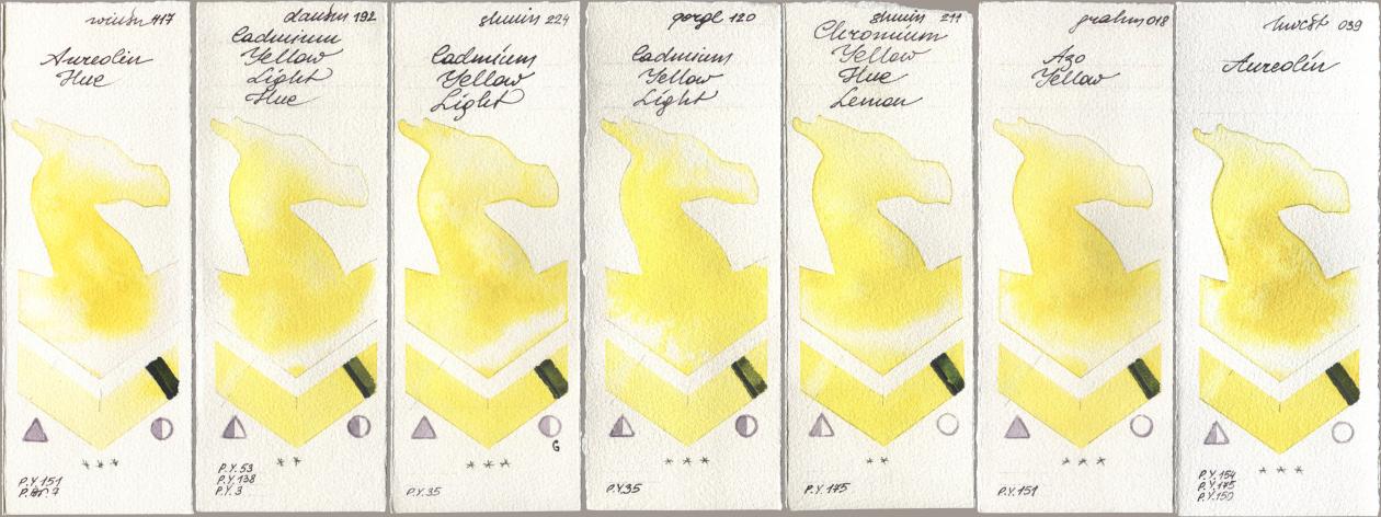Winsor & Newton Professional 417 Aureolin Hue, Daniel Smith 192 Cadmium Yellow Light Hue, Shminke Horadam Aquarell 224 Cadmium Yellow Light, Golden QOR 120 Cadmium Yellow Light, 211 Chromium Yellow Hue Lemon, M. Graham & Co. Artists 018 Azo Yellow, Holbein Artists Watercolor 039 Aureol watercolor swatch