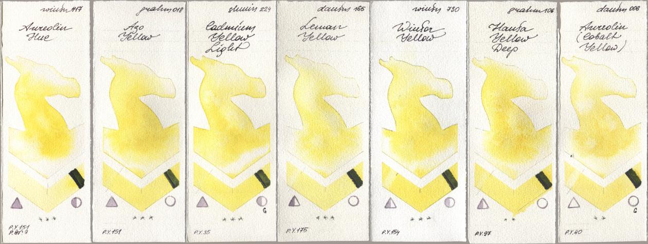 Winsor & Newton Professional 417 Aureolin Hue, M. Graham & Co. Artists 018 Azo Yellow, Shminke Horadam Aquarell 224 Cadmium Yellow Light, Daniel Smith 165 Lemon Yellow, 730 Winsor Yellow, 106 Hansa Yellow Deep, 006 Aureolin (Cobalt Yello watercolor swatch