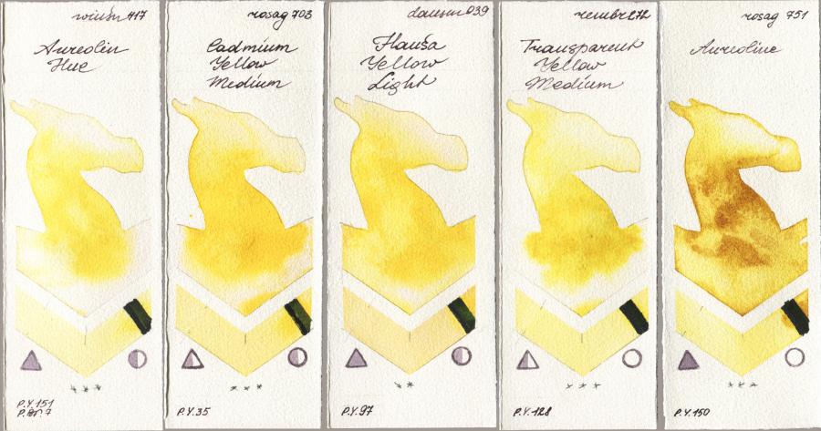 Winsor & Newton Professional 417 Aureolin Hue vs Rosa Gallery 703 Cadmium Yellow Medium vs Daniel Smith 039 Hansa Yellow Light vs Royal Talens Rembrandt Watercolour 272 Transparent Yellow Medium vs 751 Aureoline watercolor swatch