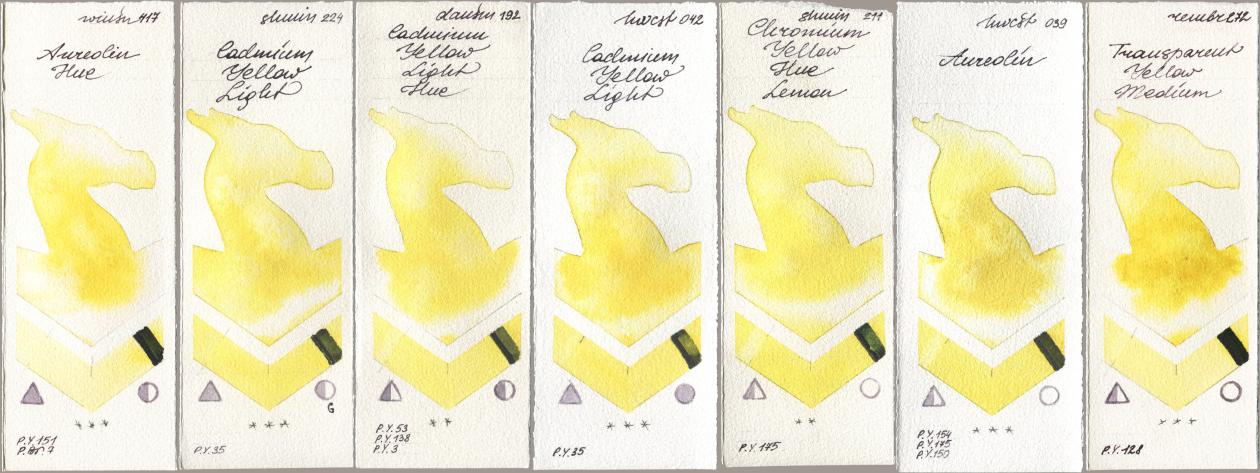 Winsor & Newton Professional 417 Aureolin Hue, Shminke Horadam Aquarell 224 Cadmium Yellow Light, Daniel Smith 192 Cadmium Yellow Light Hue, Holbein Artists Watercolor 042 Cadmium Yellow Light, 211 Chromium Yellow Hue Lemon, 039 Aureolin, Royal Talens Rembrandt Watercolour 272 Transparent Yellow Medi watercolor swatch