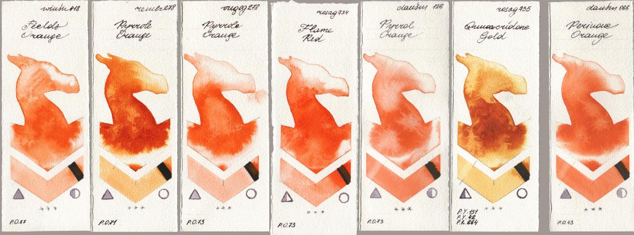Winsor & Newton Professional 418 Fields Orange, Royal Talens Rembrandt Watercolour 278 Pyrrole Orange, Royal Talens Van Gogh Watercolour 278 Pyrrole Orange, Rosa Gallery 734 Flame Red, Daniel Smith 126 Pyrrol Orange, 735 Quinacridone Gold, 066 Perinone Oran watercolor swatch