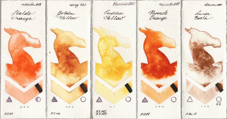 Winsor & Newton Professional 418 Fields Orange vs Rosa Gallery 730 Golden Yellow vs Shminke Horadam Aquarell 220 Indian Yellow vs Royal Talens Rembrandt Watercolour 278 Pyrrole Orange vs Daniel Smith 050 Lunar Earth watercolor swatch