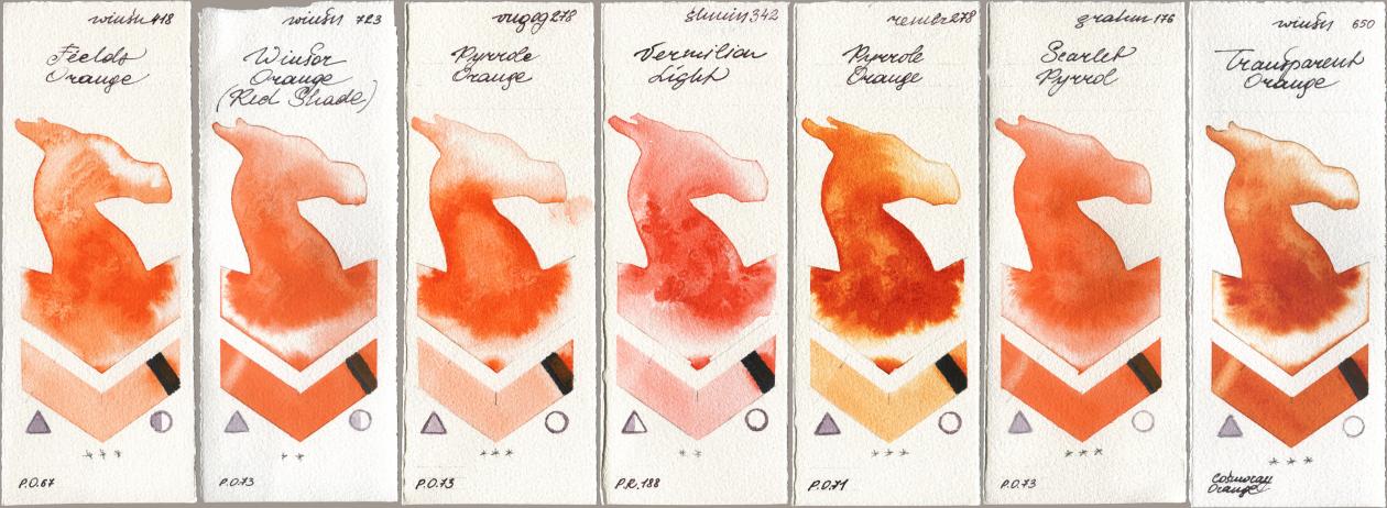 Winsor & Newton Professional 418 Fields Orange, 723 Winsor Orange (Red Shade), Royal Talens Van Gogh Watercolour 278 Pyrrole Orange, Shminke Horadam Aquarell 342 Vermilion Light, Royal Talens Rembrandt Watercolour 278 Pyrrole Orange, M. Graham & Co. Artists 176 Scarlet Pyrrol, 650 Transparent Oran watercolor swatch