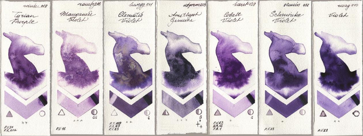 Winsor & Newton Professional 419 Tyrian Purple, Roman Szmal Aquarius 216 Manganese Violet, Holbein Artists Watercolor 541 Clematis Violet, Daniel Smith 203 Amethyst Genuine, Kuretake Gansai Tambi 139 Cobalt Violet, Shminke Horadam Aquarell 476 Schmincke Violet, Rosa Gallery 710 Viol watercolor swatch