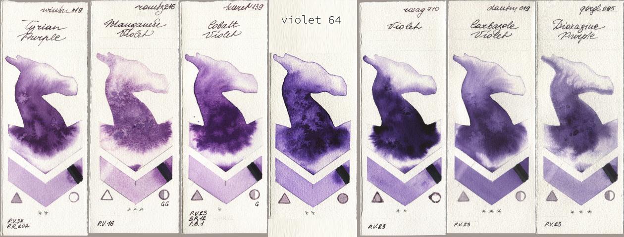 Winsor & Newton Professional 419 Tyrian Purple, Roman Szmal Aquarius 216 Manganese Violet, Kuretake Gansai Tambi 139 Cobalt Violet, my 064 violet64, Rosa Gallery 710 Violet, Daniel Smith 019 Carbazole Violet, Golden QOR 295 Dioxazine Purp watercolor swatch