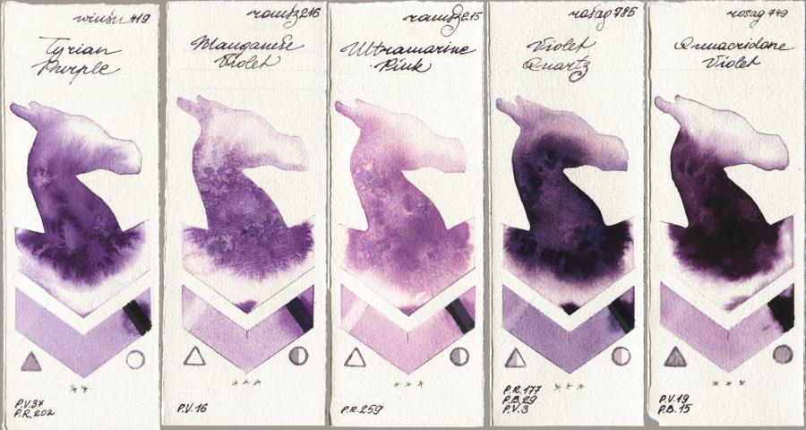 Winsor & Newton Professional 419 Tyrian Purple vs Roman Szmal Aquarius 216 Manganese Violet vs 215 Ultramarine Pink vs Rosa Gallery 785 Violet Quartz vs 749 Quinacridone Violet watercolor swatch