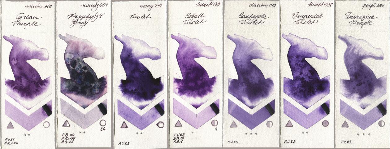 Winsor & Newton Professional 419 Tyrian Purple, Roman Szmal Aquarius 401 Przybyszs Grey, Rosa Gallery 710 Violet, Kuretake Gansai Tambi 139 Cobalt Violet, Daniel Smith 019 Carbazole Violet, 038 Imperial Violet, Golden QOR 295 Dioxazine Purp watercolor swatch