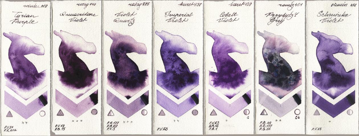 Winsor & Newton Professional 419 Tyrian Purple, Rosa Gallery 749 Quinacridone Violet, 785 Violet Quartz, Kuretake Gansai Tambi 038 Imperial Violet, 139 Cobalt Violet, Roman Szmal Aquarius 401 Przybyszs Grey, Shminke Horadam Aquarell 476 Schmincke Viol watercolor swatch