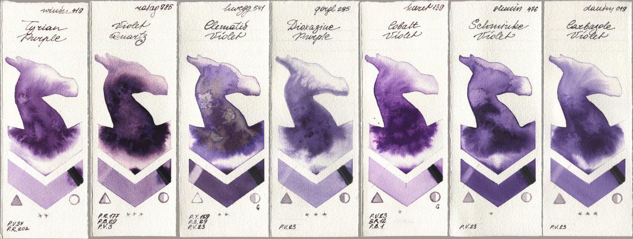 Winsor & Newton Professional 419 Tyrian Purple, Rosa Gallery 785 Violet Quartz, Holbein Artists Watercolor 541 Clematis Violet, Golden QOR 295 Dioxazine Purple, Kuretake Gansai Tambi 139 Cobalt Violet, Shminke Horadam Aquarell 476 Schmincke Violet, Daniel Smith 019 Carbazole Viol watercolor swatch