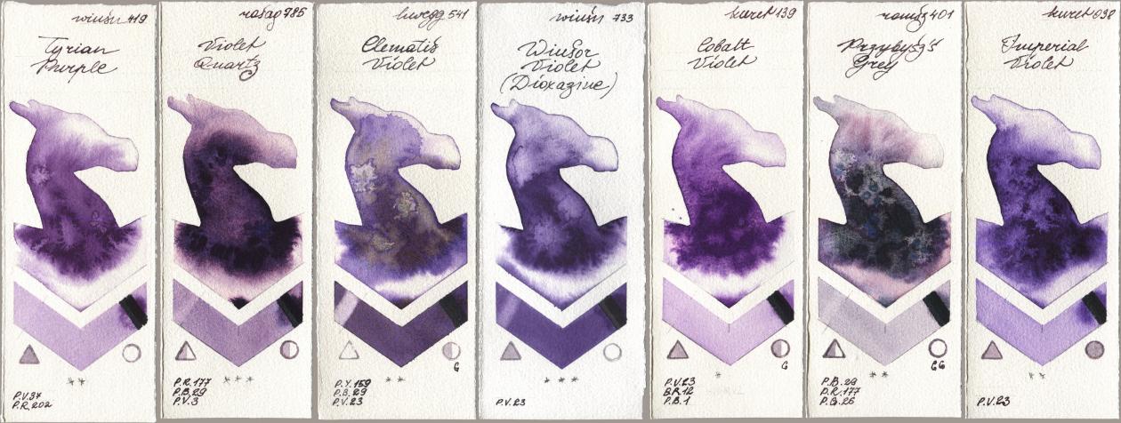 Winsor & Newton Professional 419 Tyrian Purple, Rosa Gallery 785 Violet Quartz, Holbein Artists Watercolor 541 Clematis Violet, 733 Winsor Violet (Dioxazine), Kuretake Gansai Tambi 139 Cobalt Violet, Roman Szmal Aquarius 401 Przybyszs Grey, 038 Imperial Viol watercolor swatch