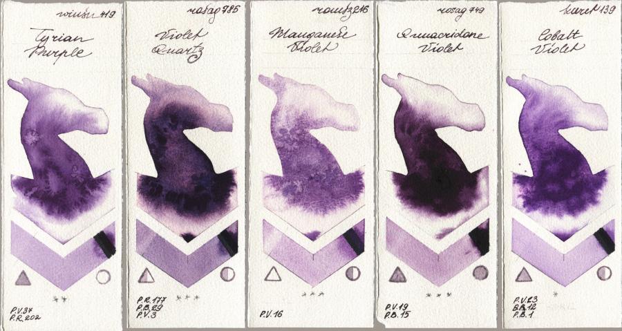 Winsor & Newton Professional 419 Tyrian Purple vs Rosa Gallery 785 Violet Quartz vs Roman Szmal Aquarius 216 Manganese Violet vs 749 Quinacridone Violet vs Kuretake Gansai Tambi 139 Cobalt Violet watercolor swatch