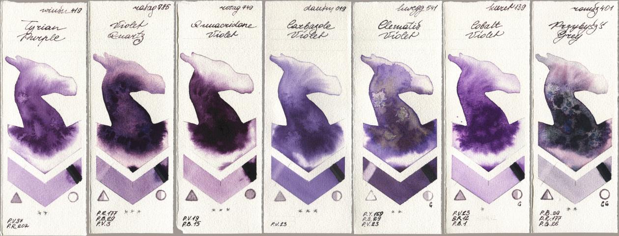 Winsor & Newton Professional 419 Tyrian Purple, Rosa Gallery 785 Violet Quartz, 749 Quinacridone Violet, Daniel Smith 019 Carbazole Violet, Holbein Artists Watercolor 541 Clematis Violet, Kuretake Gansai Tambi 139 Cobalt Violet, Roman Szmal Aquarius 401 Przybyszs Gr watercolor swatch