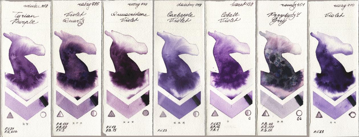 Winsor & Newton Professional 419 Tyrian Purple, Rosa Gallery 785 Violet Quartz, 749 Quinacridone Violet, Daniel Smith 019 Carbazole Violet, Kuretake Gansai Tambi 139 Cobalt Violet, Roman Szmal Aquarius 401 Przybyszs Grey, 710 Viol watercolor swatch