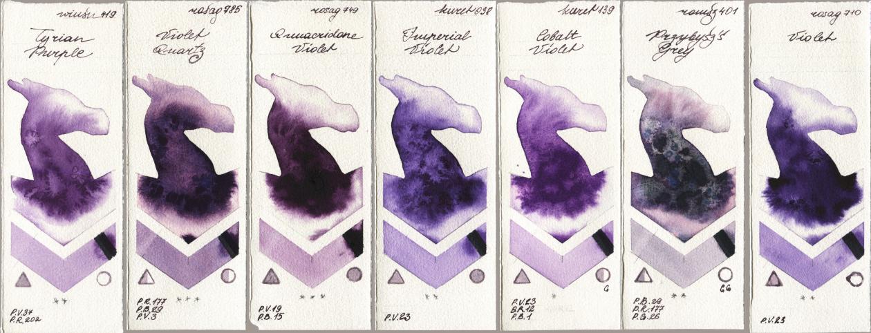 Winsor & Newton Professional 419 Tyrian Purple, Rosa Gallery 785 Violet Quartz, 749 Quinacridone Violet, Kuretake Gansai Tambi 038 Imperial Violet, 139 Cobalt Violet, Roman Szmal Aquarius 401 Przybyszs Grey, 710 Viol watercolor swatch