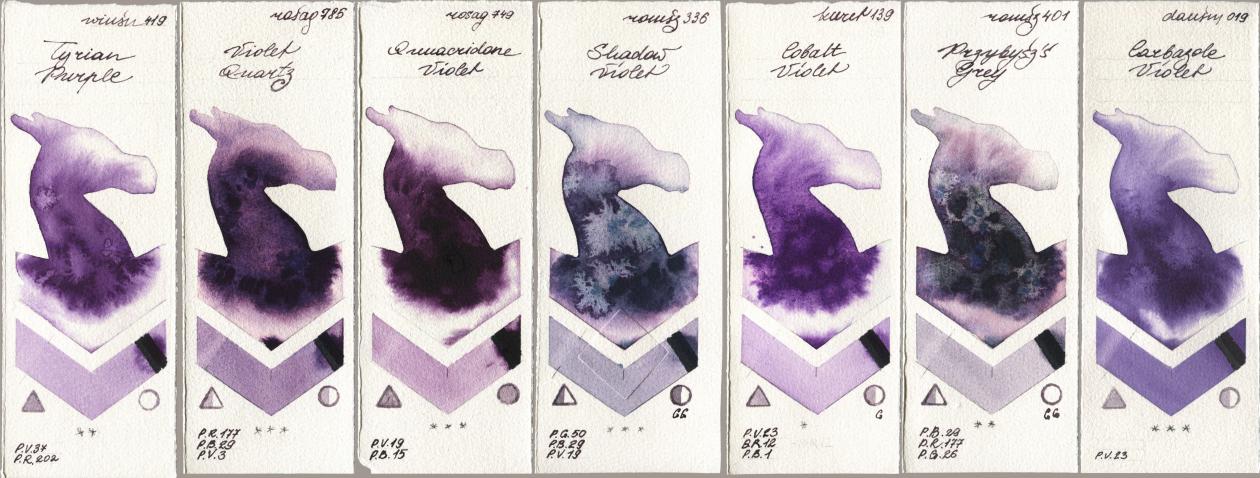 Winsor & Newton Professional 419 Tyrian Purple, Rosa Gallery 785 Violet Quartz, 749 Quinacridone Violet, Roman Szmal Aquarius 336 Shadow Violet, Kuretake Gansai Tambi 139 Cobalt Violet, 401 Przybyszs Grey, Daniel Smith 019 Carbazole Viol watercolor swatch