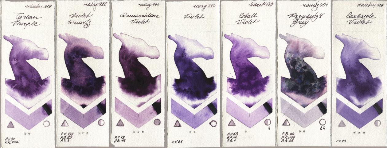 Winsor & Newton Professional 419 Tyrian Purple, Rosa Gallery 785 Violet Quartz, 749 Quinacridone Violet, 710 Violet, Kuretake Gansai Tambi 139 Cobalt Violet, Roman Szmal Aquarius 401 Przybyszs Grey, Daniel Smith 019 Carbazole Viol watercolor swatch