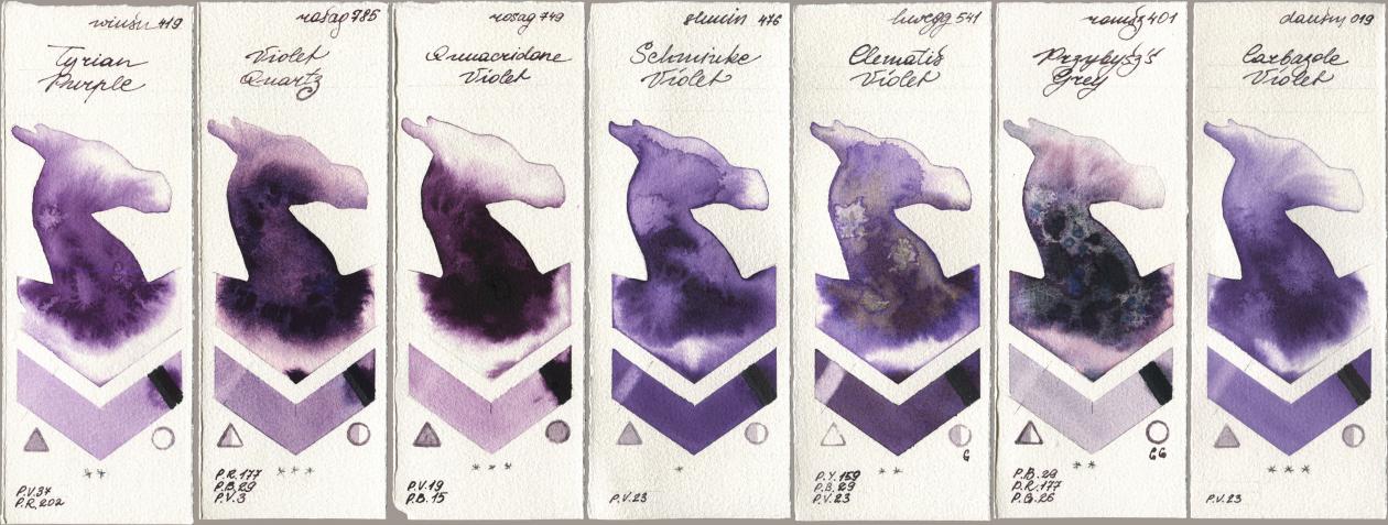 Winsor & Newton Professional 419 Tyrian Purple, Rosa Gallery 785 Violet Quartz, 749 Quinacridone Violet, Shminke Horadam Aquarell 476 Schmincke Violet, Holbein Artists Watercolor 541 Clematis Violet, Roman Szmal Aquarius 401 Przybyszs Grey, Daniel Smith 019 Carbazole Viol watercolor swatch