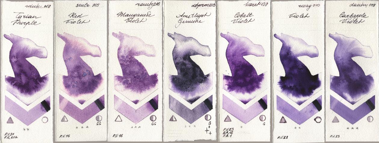 Winsor & Newton Professional 419 Tyrian Purple, Sennelier l Aquarelle 905 Red Violet, Roman Szmal Aquarius 216 Manganese Violet, Daniel Smith 203 Amethyst Genuine, Kuretake Gansai Tambi 139 Cobalt Violet, Rosa Gallery 710 Violet, 019 Carbazole Viol watercolor swatch
