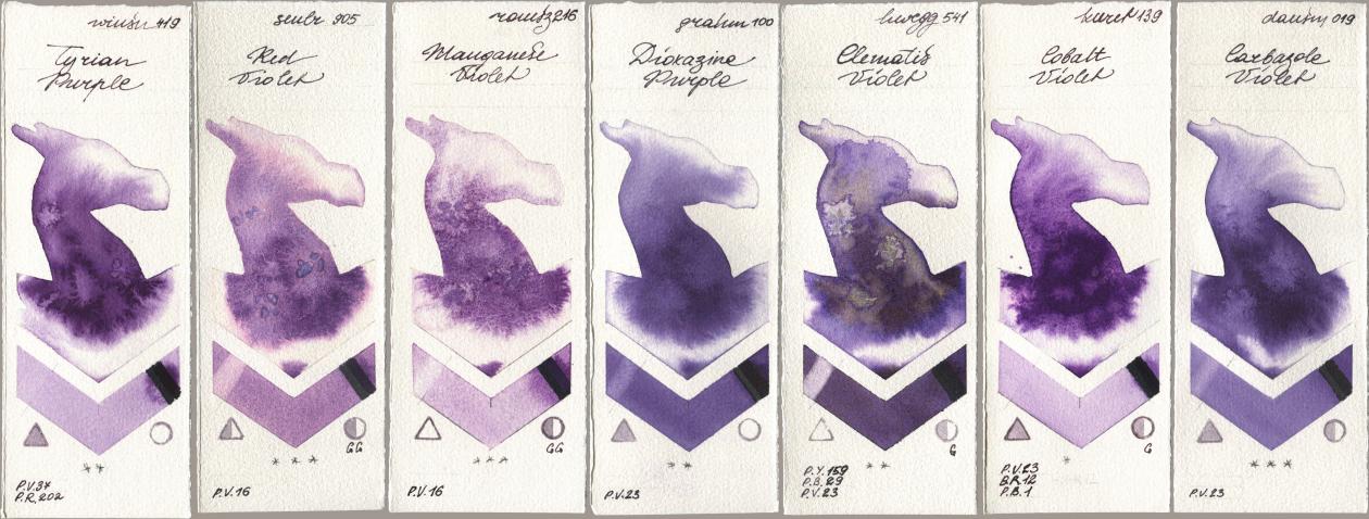 Winsor & Newton Professional 419 Tyrian Purple, Sennelier l Aquarelle 905 Red Violet, Roman Szmal Aquarius 216 Manganese Violet, M. Graham & Co. Artists 100 Dioxazine Purple, Holbein Artists Watercolor 541 Clematis Violet, Kuretake Gansai Tambi 139 Cobalt Violet, Daniel Smith 019 Carbazole Viol watercolor swatch