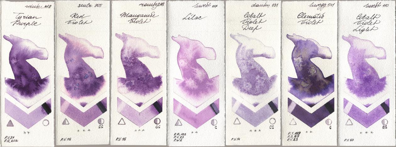 Winsor & Newton Professional 419 Tyrian Purple, Sennelier l Aquarelle 905 Red Violet, Roman Szmal Aquarius 216 Manganese Violet, Holbein Artists Watercolor 117 Lilac, Daniel Smith 031 Cobalt Violet Deep, 541 Clematis Violet, 110 Cobalt Violet Lig watercolor swatch