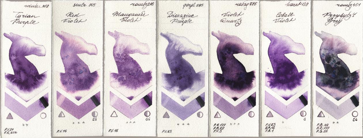 Winsor & Newton Professional 419 Tyrian Purple, Sennelier l Aquarelle 905 Red Violet, Roman Szmal Aquarius 216 Manganese Violet, Golden QOR 295 Dioxazine Purple, Rosa Gallery 785 Violet Quartz, Kuretake Gansai Tambi 139 Cobalt Violet, 401 Przybyszs Gr watercolor swatch