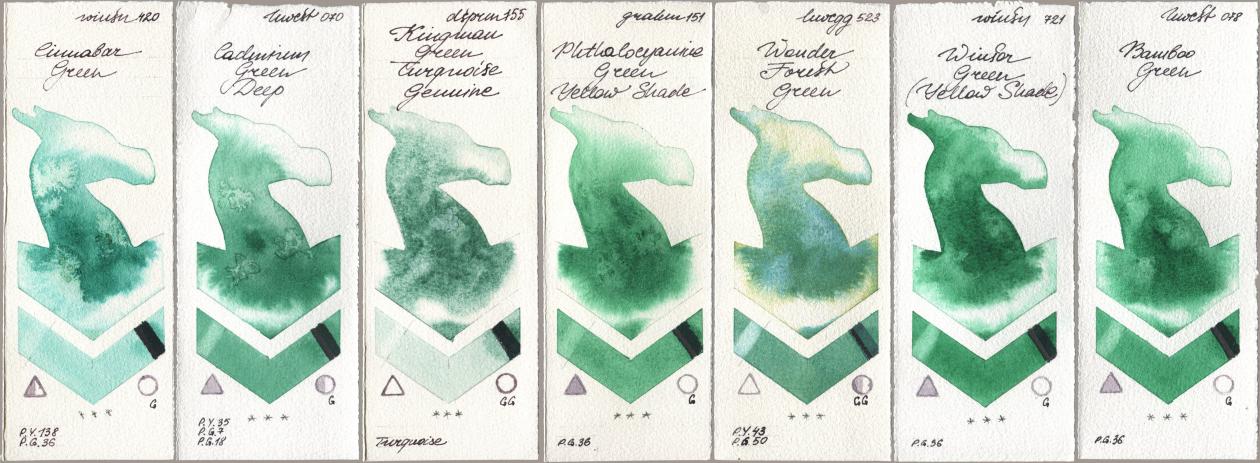 Winsor & Newton Professional 420 Cinnabar Green, Holbein Artists Watercolor 070 Cadmium Green Deep, Daniel Smith 155 Kingman Green Turquoise Genuine, M. Graham & Co. Artists 151 Phthalocyanine Green Yellow Shade, 523 Wonder Forest Green, 721 Winsor Green (Yellow shade), 078 Bamboo Gre watercolor swatch