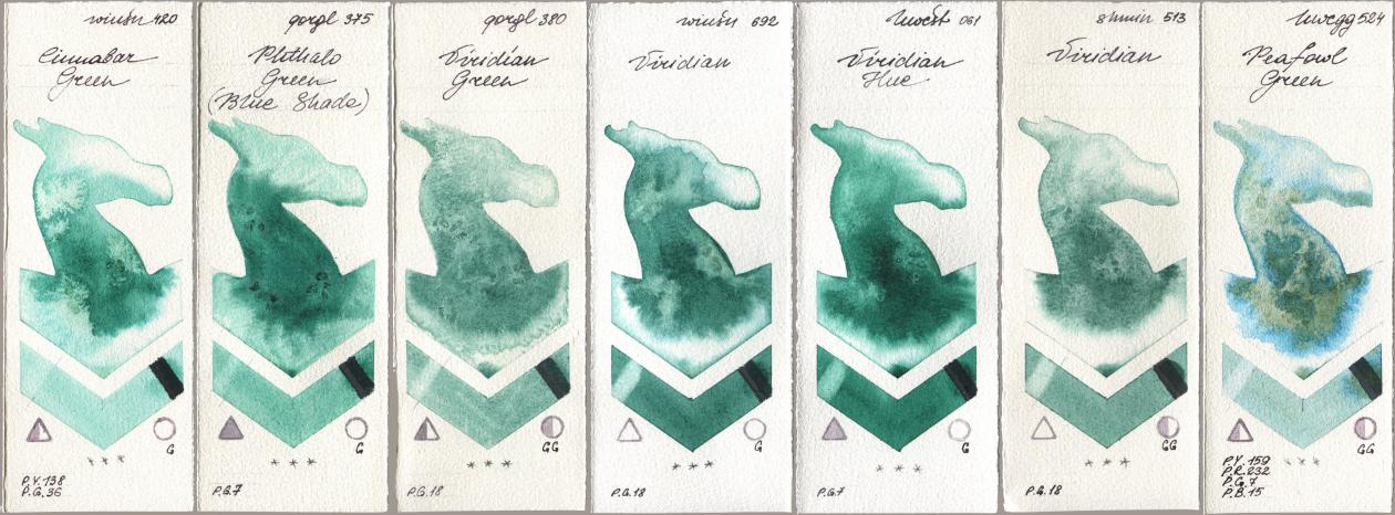 Winsor & Newton Professional 420 Cinnabar Green, Golden QOR 375 Phthalo Green (Blue Shade), 380 Viridian Green, 692 Viridian, Holbein Artists Watercolor 061 Virdian Hue, Shminke Horadam Aquarell 513 Viridian, 524 Peafowl Gre watercolor swatch