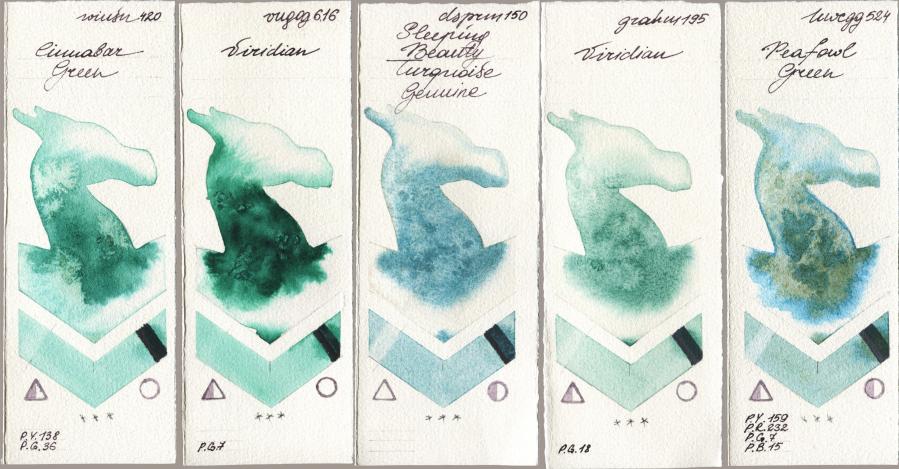 Winsor & Newton Professional 420 Cinnabar Green vs Royal Talens Van Gogh Watercolour 616 Viridian vs Daniel Smith 150 Sleeping Beauty Turquoise Genuine vs M. Graham & Co. Artists 195 Viridian vs Holbein Artists Watercolor 524 Peafowl Green watercolor swatch