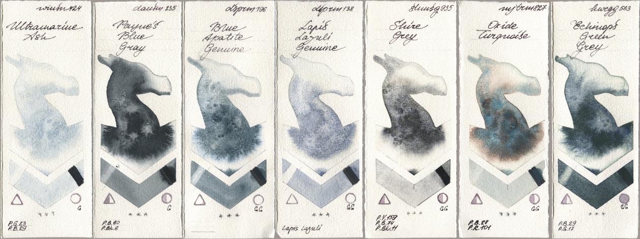 Winsor & Newton Professional 424 Ultramarine Ash, Daniel Smith 235 Paynes Blue Gray, 196 Blue Apatite Genuine, 138 Lapis Lazuli Genuine, Shminke Horadam Aquarell 935 Shire Grey, Mijello Mission Gold 827 Oxide Turquoise, Holbein Artists Watercolor 563 Echinops Green Gr watercolor swatch