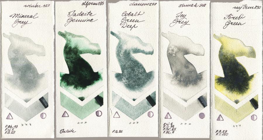 Winsor & Newton Professional 427 Mineral Grey vs Daniel Smith 195 Jadeite Genuine vs 258 Cobalt Green Deep vs Shminke Akademie Aquarell 918 Icy Grey vs Mijello Mission Gold 830 Forest Green watercolor swatch