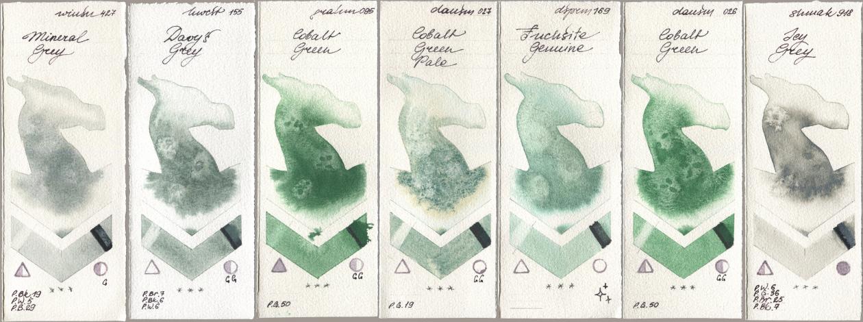 Winsor & Newton Professional 427 Mineral Grey, Holbein Artists Watercolor 155 Davys Grey, M. Graham & Co. Artists 095 Cobalt Green, Daniel Smith 027 Cobalt Green Pale, 169 Fuchsite Genuine, 026 Cobalt Green, Shminke Akademie Aquarell 918 Icy Gr watercolor swatch