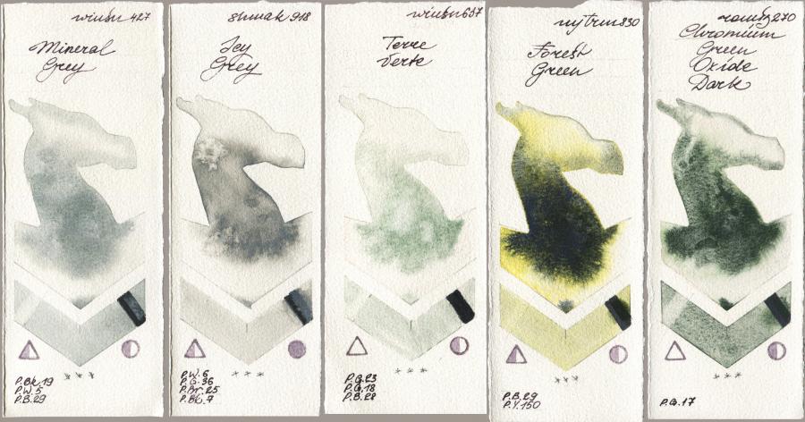Winsor & Newton Professional 427 Mineral Grey vs Shminke Akademie Aquarell 918 Icy Grey vs 637 Terre Verte vs Mijello Mission Gold 830 Forest Green vs Roman Szmal Aquarius 270 Chromium Green Oxide Dark watercolor swatch