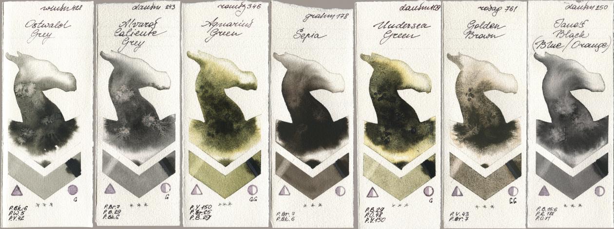 Winsor & Newton Professional 428 Ostwald Grey, Daniel Smith 243 Alvaros Caliente Grey, Roman Szmal Aquarius 346 Aquarius Green, M. Graham & Co. Artists 178 Sepia, 109 Undersea Green, Rosa Gallery 761 Golden Brown, 250 Janes Black (Blue/Orang watercolor swatch