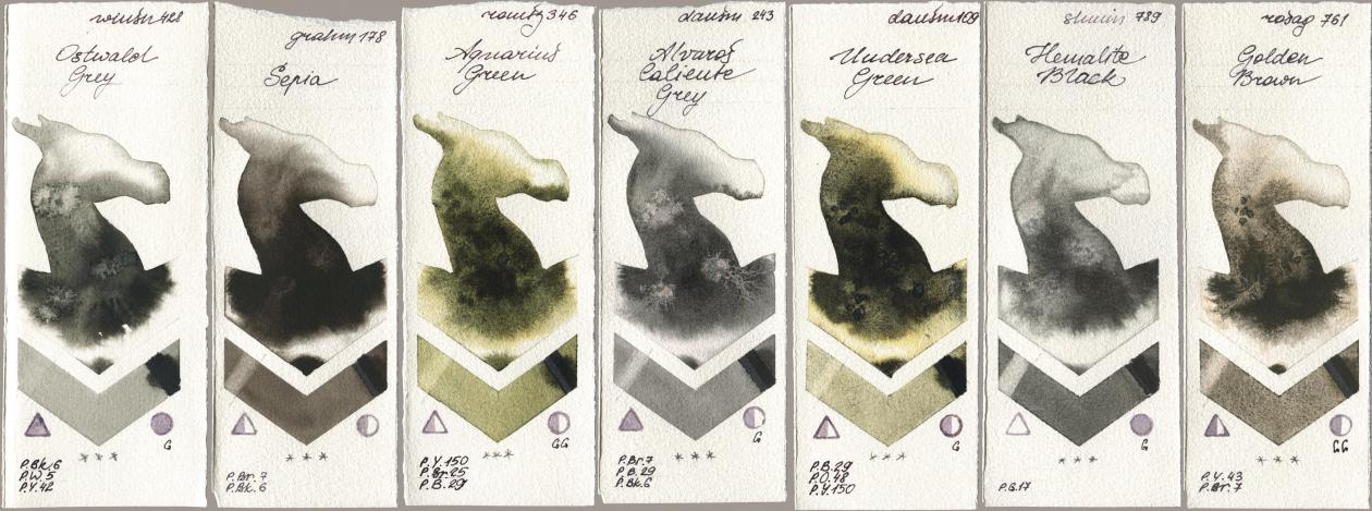 Winsor & Newton Professional 428 Ostwald Grey, M. Graham & Co. Artists 178 Sepia, Roman Szmal Aquarius 346 Aquarius Green, Daniel Smith 243 Alvaros Caliente Grey, 109 Undersea Green, Shminke Horadam Aquarell 789 Hematite Black, Rosa Gallery 761 Golden Bro watercolor swatch