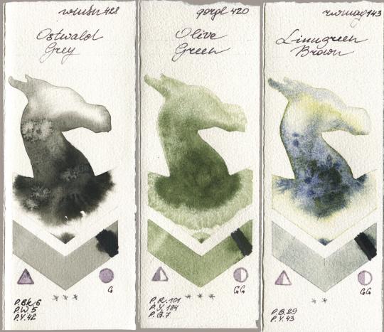 Winsor & Newton Professional 428 Ostwald Grey, Golden QOR 420 Olive Green, Rockwell 143 Limugreen Bro watercolor swatch