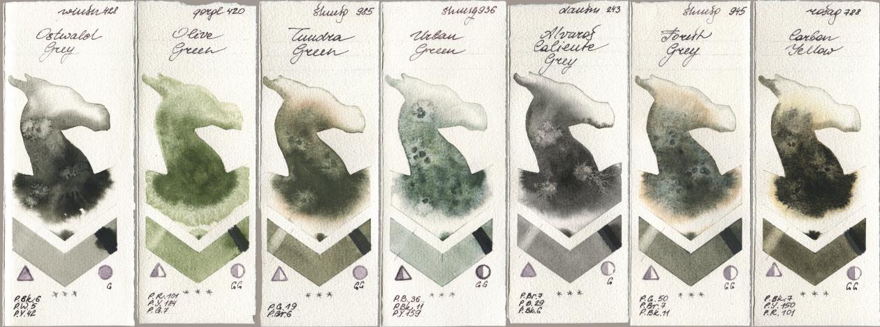 Winsor & Newton Professional 428 Ostwald Grey, Golden QOR 420 Olive Green, Shminke Horadam Aquarell 985 Tundra Green, 936 Urban Green, Daniel Smith 243 Alvaros Caliente Grey, 945 Forest Grey, Rosa Gallery 788 Carbon Yell watercolor swatch