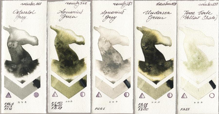 Winsor & Newton Professional 428 Ostwald Grey vs Roman Szmal Aquarius 346 Aquarius Green vs 253 Aquarius Grey vs Daniel Smith 109 Undersea Green vs 638 Terre Verte (Yellow Shade) watercolor swatch