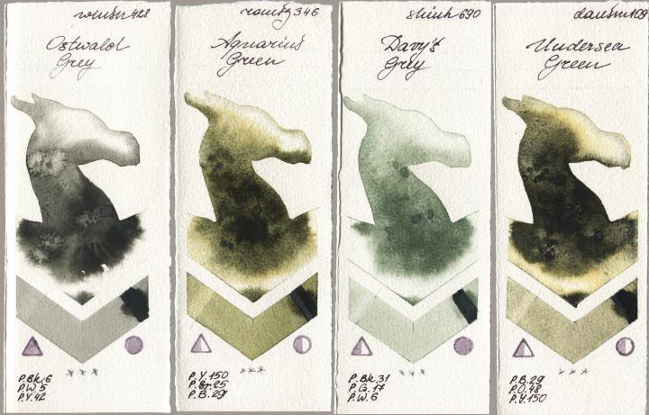 Winsor & Newton Professional 428 Ostwald Grey vs Roman Szmal Aquarius 346 Aquarius Green vs Shinhan PWC 690 Davys Grey vs Daniel Smith 109 Undersea Green watercolor swatch