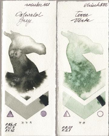 Winsor & Newton Professional 428 Ostwald Grey vs Shinhan PWC 592 Terre Verte watercolor swatch